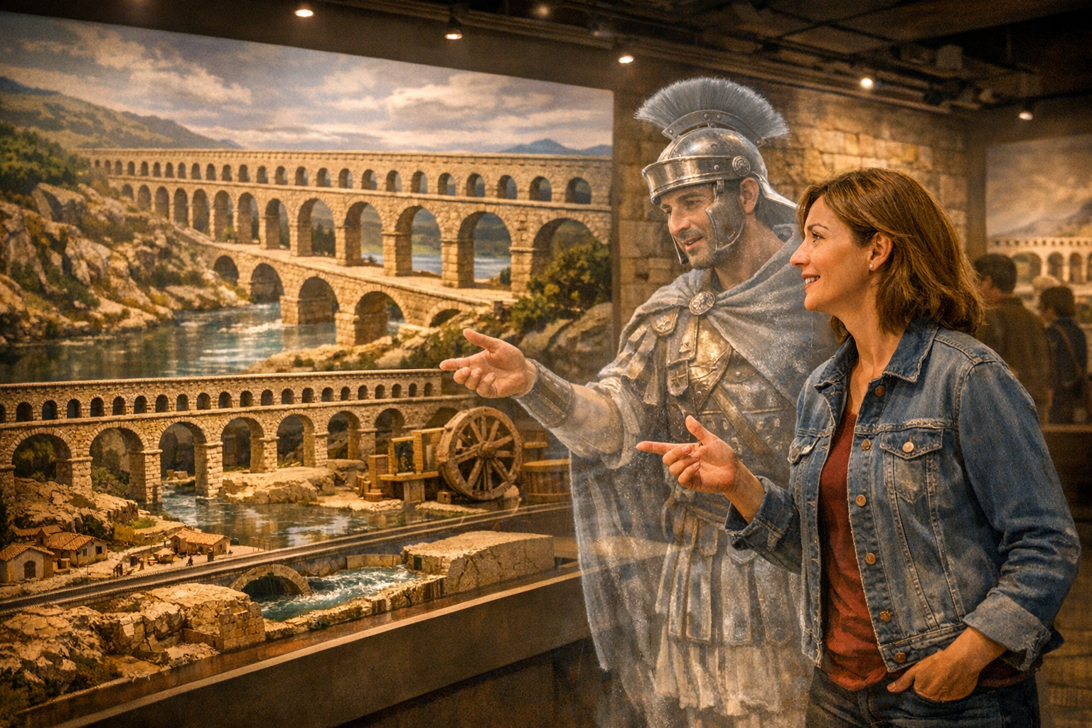 A museum visitor engages in conversation with a translucent historical figure beside an exhibit
